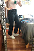 Nice denim fabric, I like the length and frayed hem but leg is definitely pretty wide more than the picture on the model looks like to me. I will be keeping because I want some different fits of black denim pants but just fyi. The waist and hips fit well, I usually get 30's in Levi's - I'm curvy. Is slightly lower "high waist" not super high - Catherine G.