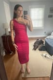 I am in my best friend's wedding and she requested we all find hot pink bridesmaids' dresses. I ordered this and am so happy with it! It's fun, flattering, and comfortable! I probably could have ordered an XS if I wanted a tight fit - but the S gives a little extra room for eating and dancing comfortably! The one-shoulder is unique and cute! - Annie H.