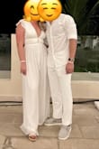 Wore this to a friend's all white party and I loved it! It's a little tight on the waist and thighs, but you couldn't really tell and it looked really good. Also you should wear it with 3"+ heels as it's quite long (I'm 5'4"). The material is very nice and the legs have an inner silky lining so that it's not see through. - Andrea R.