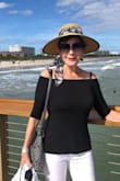 This is my go-to top for many occasions. I just ordered a 2nd one because I wear it so often. I wear it with jeans, white pants and skirts. I usually wear a small but order a large for s looser fit. - June P.