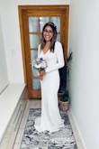 I wear this dress for my wedding and it was beautiful, little bit long cause I didn't want to wear heels. Has a inside fabric, is a bit heavy and thick but when I put it on I knew this was the one! - Brenda M.