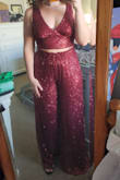 Love the matching set! The top is a little tight around the bottom, no stretch to it but the bust fits great so I didn't want to size up. The pants are perfect, love the stretchy waist. Definitely long but with the right heels, it shouldn't be an issue. - Barbara R.