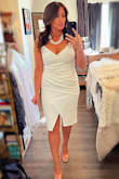I was so happy to have this as a backup dress for my court wedding. My other dress was destroyed by the dry cleaners and I didn't see it until the day of! However, If I had time I would have taken this in to get the bust fixed. The material shifts exposing the girls, and that is just not cute unless you want to have a Janet Jackson 2004 Super Bowl moment. So I was adjusting the girls throughout the evening, and the material moves around underneath a lot. Also, it is NOT wrinkle proof! Otherwise, the dress was very flattering on my tummy, and will look great in pictures! I would recommend wearing it for short periods of time, this dress will not hold up for hours on end. - Hailey R.