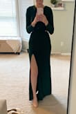 I absolutely love this dress! I feel like it hits you in all of the right places. I will say that the slit is a little too high for my liking but more so when I'm sitting down.  The length is surprisingly decent.  I'm wearing 2.5 inch heels but I don't think I would wear anything higher. - Stephanie B.