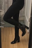 I waited over a year for these to restock and it was totally worth it! They fit perfectly and the chunky heel is so good bc they don't hurt my feet as much as other boots! They were exactly how it looks in the picture! They do crease easily though. Cannot wait to wear them with all of my outfits :)) - Kelly J.