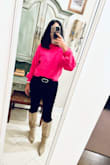I can't tell you how many compliments I get whenever I wear this sweater. Really looks and feels more high-end than the price.  It was my Christmas gift from my hubby last year (along with Lulus mauve dolman sweater, which I also love)!  I got it in XS and it fits me perfectly. I'm 5'1, 32C.  It is cropped a bit but I like that style because I can wear it with high-waisted jeans, which I love and great for my figure, and being 50+ I can't do the midriff look anymore...LOL!!  But even though it's cropped I'm still able to tuck a little in the front of my jeans.  I've also worn this with Spanx faux leather black leggings and white sneakers for a casual running errands look.  You truly can't go wrong with this sweater! - Melissa T.
