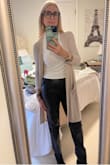 I really like the Black Leather pants except the length that I wanted to hit above my ankle as shown on model. I wore them one time and they are now at the tailor being shortened. The front closure is a bit bulky but not horrible. - Victoria S.