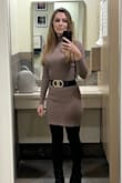 Dress is much longer than I was expecting, but with some 3 or 4 inch heels the length doesn't look too bad! It was a few inches above my knee. I needed a 'winter/fall' look for my birthday and this dress was perfect. Felt thinner than I was expecting but surprisingly warm and not see through at all. I bought the belt elsewhere, and already had my boots and leggings. I am 5"3 3/4' and about 115 pounds, I have a smaller bust and hips, 27" waist - the small fit perfect. - Janelle G.