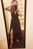 At 5'0" dress shopping is usually a nightmare for me but this dress made me feel like a princess! I bought it in navy to wear to a formal fall wedding and will get many more events out of it.
Cons: I did need to hem it. I took it up about 8 inches so it was just above floor length. It is even more beautiful longer but I was concerned about walking on grass and dancing. Also, the buttons on the halter neck seem a bit flimsy. I just left them buttoned and pulled it on over my head
Pros: The bust felt very secure despite the plunging neck and I danced braless all night without a problem. I may put a few pintucks in for good measure. The thigh slit was a fun feature but not inappropriate. Got lots of compliments and the fabric swirls beautifully on the dance floor! - Katharine O.