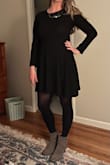 I love this dress!! It is so flattering and versatile. I wore with a blazer for a baby shower and then on a more dressy occasion I work with black opaque tights and booties. I have worn already 3 times for a nice occasion this holiday season because you can wear it so many different ways! 5 stars - Courtney S.