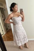 I wore this dress for an outdoor wedding! So pretty and delicate, flattering, and comfortable. Appreciated the adjustable straps! Only thing is that it wrinkled quite easily, and I had to re-steam the hems a few times before my event. - Megan C.