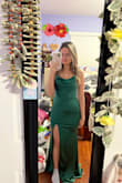 I love how this dress looks on and the color! Great for the holidays or for weddings. I got small and it was a bit loose around the waist area, maybe I could've done an xs. The length was also a bit long, but with heels I think its doable. So in love with the back of the dress. Don't think twice and get this dress!! - Dalena N.