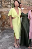 I loved this dress! It was a little big on me- I ordered the medium and I usually fit mediums perfectly but I think I couldve gone with a small and it wouldve been more form fitting because the fabric has just enough give. I tried to shrink it by soaking it in water and machine drying it... I do not recommend. ended up being wrinkly but still got tons of complements! also the tie thing hides your tummy! sorry about the scary photo... - Sierra T.