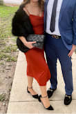 This dress is stunning in person. I usually go between a small and medium in lulus and I'm glad I got a small because the slit allows for a little extra room in the hips. My stole, clutch and shoes in the photo are also from lulus. - Rachael T.
