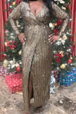 This dress is beautiful, I love the sparkle. I received so many compliments on this dress. The gold is a true gold, not muted at all. Fits true to size. I ordered both a large and xl, but opted to keep the xl it for better across my bust. - Japera W.