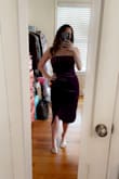 I bought the small and medium in this dress and went with the medium because of its length and so it wouldn't show as much of my "pooch". The color is a beautiful violet purple and the quality of the dress is excellent. After a night of dancing (for 8+ hours) at a wedding, I did have some irritation on my underarms from rubbing along the velvet but I have sensitive skin and it didn't bother me too much. BUY THIS DRESS! It's so flattering! - Kelsey M.