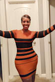 I initially hesitated because of the horizontal stripes but this sweater dress is absolute perfection. It's not too bulky, perfectly hits all the right curves, and is just incredibly flattering. The placement of the black stripes make this dress a must have! It works well for fall or winter. I wore it with caramel suede knee-high boots. - Mia J.