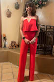 After ordering several dresses I didn't like, I saw this and read the reviews, and decided to take the risk.  Jumpsuits have never fit me as I am short and petite. This was perfect! I had to have it hemmed about one inch only (wore five-inch platforms).  It was classy and sexy and I received compliments all night! As the night went on it seemed to start slipping more and I had to pull it up, but may not be a problem for those who are blessed in the chest area and typical for any sleeveless outfit. Would order again in different colors for other events. - Gina B.