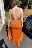 Beautiful dress! Bust area is a little big for smaller-chested gals, I would have exchanged it for an XS had I planned ahead for enough time for that! Lace-up back sort of loosens throughout the night so I did spend a lot of time readjusting but again it was a bit big for me. - Maddie I.