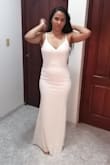 It is a beautiful dress and fits true to size. The material is thick and not transparent, YOUR underwear is NOT visible. I loved it - Sarah V.