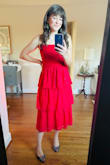 Loved the style and fit! The color is a perfect holiday red. The tiers are fun and light, without adding tons of volume. The straps are adjustable which was nice for making sure the neckline and waistline hit at just the spots for me. - Rachel W.