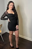 This dress is super cute and flattering. Sizing was perfect and it fit like a glove for me. I know in the picture it's supposed to be off the shoulder but I felt more comfortable pulling the sleeves up. I didn't even have to wear a bra! - Jovanna C.