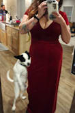 Thanks to the chat help on the app, I went with an XL instead of an XXL. I  typically wear a 16-ish and am curvy thick with a large chest. This dress was form-fitting but not too tight. Well, very slightly tight on the arms if I moved too quickly, at most. Held the girls in place with no bra or tape needed. I did wear shapewear underneath. Worn for a holiday glam party,  and of course, it was a snow storm so I was the only one dressed up! Tried to add pictures but it wouldn't let me. - Jade C.