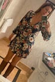 This dress and pattern (Navy Blue Floral) is a head-turner for sure! It's very comfortable and well-made. I'm larger up top, and I ended up not wearing a bra because even a thin bra made the deep V even deeper. I recommend ordering a larger size if you're busty and you have to wear a bra& or enjoy the deep V plunge. ;) The material does wrinkle a bit while sitting, but the pattern hides it pretty well. The picture shown is at the end of the night and you can see some of the wrinkling in the material at the hip area. - Dawn S.