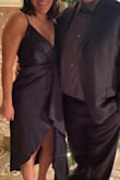 I wear a size 12 pants (pear shape) and usually a Medium shirt.  This dress fit beautifully!  Get ready to show some cleavage! I got a stick-on bra from Arie that worked great.  I wore this for a New Years Eve wedding and it was perfect! - Laura W.