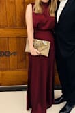 This dress is gorgeous! Yes, as others have said, it comes out of the bag very wrinkled, get yourself a handheld steamer and use a higher setting. It worked great for me! Totally wrinkle-free! Mine fit true to size, no alterations needed with heels and the fabric is thick enough that shapewear wasn't required. Matched it with a Lulus handbag and gold accessories. - Linda C.