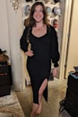 This dress fits to size and is fitted without being skin-tight. The material is thicker, so it is not sheer but not overly hot. I was worried about what bra to wear with it, but the open-back portion is more mid to low back so it will work fine! - Desiree C.