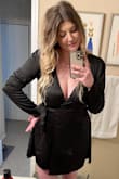 Love this dress. Definitely very short on me given that I'm tall and have long legs, but still a gorgeous dress. Love the satin. High quality fabric and wonderfully made. I had to go up from a L to an XL. If you are in between sizes, definitely size up. - Madison M.