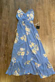 The dress looks nothing like the picture shown. The color is a dull, faded blue and the floral pattern is a different flower and yellow. It's not actually a wrap dress, it has a cinched waist, and it doesn't have the asymmetrical hem shown. I'm disappointed because it looked so cute online and it's really ugly in real life. - Claire O.