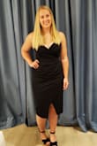 This is a very nice little black dress. Hugs curves very nicely and is very comfortable to wear. I'm a pear-shaped gal and felt great in this dress. Only drawback is (as others have mentioned) it does tend to ride up a bit and with the lining, the inside was either a bit longer or not there at all as sometimes I can see that line and I feel that might be the culprit for making the dress ride up. Overall, great dress though. Boyfriend loves it! - Jenna B.