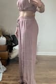 The pants can be worn, high waisted or lowered pants are long if worn lower will drag the ground the pants are lined and are not see-through
The top, however, it's not lined and is see-through in the sun, which will be fine for a bathing suit cover-up you can wear on the shoulders, or off the shoulders will show not much skin on the belly on the shoulders. Of course, exposes more skin...The pants can be worn separately with a different top to dress it up would make it fun to go to a casual restaurant. - Julia K.