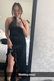 The material is a soft, stretchy velvet so not only did it hug my curves but it was also super comfy! The back didn't even drag on the ground for my short girlies! 10/10 def recommend - Anabel G.