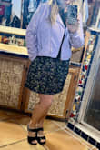 This is a very rich looking fabric with a beautiful pattern. I bought it on sale and was glad that it fit. I don't know where I will wear it but it's cute and a little fancy at the same time.  It is a little longer in person (a good thing!) and it could be worn as easily in winter and summer. The pockets are fantastic. Good value and style!!! - Vicky L.