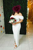 Once I put this dress on I knew it was the one for my wedding day. The length was perfect and the fit was perfect. It felt like it was made for me. I wore it with the sleeves down and it felt very comfortable. The sleeves laid nicely off my shoulders and no adjustments were necessary. The material is thick and not see-through at all. There's a small amount of stretch. I'm sooo happy with this dress. I felt confident and beautiful on my wedding day. - Tiffanie S.