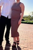 I bought this dress for a wedding while I am pregnant and wanted to show off the bump (rather than look big in a loose dress). it was perfect. Material is thick and the dress was stretchy and comfortable. - Vanessa C.