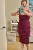The pictures do not do it justice, the material is beautiful, plum red with a shimmer on it a gold shimmer it hugs all the right places. The length is fantastic Mid-calf length fits perfectly. I feel like 1 million bucks. Thank you! - BELINDA D.