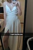 The bust of this dress was perfect for my small chest. It had a nice built-in bra and a v design. But I couldn't even zip the dress up because the waist was so tight. You can see the pockets through the thin fabric and the slit in the dress doesn't even really show your leg at all. This should have been beautiful but the execution wasn't there and it should recommend a bigger size to people because they were way off telling me to get a 6. I'm not sure I understand why you'd need pockets on a wedding dress anyways. - Cassandra K.