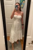I bought this in a XS and S. The XS fit but was a bit tight in the bust so I am keeping the S. This dress is comfortable and the material is not see-through. - Lauren D.