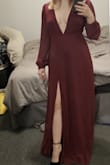 I was trying to see which fit is best and the medium had about 4 loose inches in the waistline.  The small is just a smidgen tight, but everything feels much more secure in the S.

I'm going to keep the small for my engagement shoot. I need to hem a few inches off and I'll probably let the waist out another inch for some wiggle room. The dress is absolutely gorgeous! The low cut in front makes me look a lot taller, and the side slit adds to the drama - Jessica T.