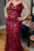 The fabric and beading look even more expensive in person! My only complaint is the straps, they're a little flimsy but at least they are accommodating, so you can adjust them to your comfort. I tend to bounce in-between sizes 10/12 and I'm glad I went with the large. It's tight but breathable. Cannot wait to wear this for a wedding in Tuscany in the fall! - Abbi H.