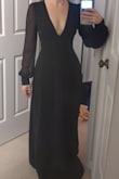 Love this dress, but had to get it altered quite a bit to make the XS fit well. I am very petite though, so I always expect things to be too long on me. I wish there was less material on the bottom of the dress, it was quite wide at the bottom. The tie helps make everything tight and flattering around my waist. If there was an XXS I would have gotten it. Got it shortened and material taken off the shoulders so that the back and bust weren't as loose. Overall a gorgeous dress and high-quality material. Very comfortable and classy with a tad of sexy. I'm wearing it to a black tie optional wedding. The pictures are before the alterations. - Alexandra S.