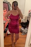 I wanted to love this dress but I realized bodycon dresses just aren't for me. I felt like if I wore this dress to my event (a bachelorette party - pink themed) I would have to "suck in" all night since this dress is not forgiving, however it is very stretchy. The back was flattering with my curves, however. It was very short and the medium definitely fit me better than the small (which was super short). I tried this dress without a bra since the back is lower that the standard bra strap and felt like my boob were not supported at all. All this being said - the dress is good quality and the straps were a good length (not adjustable though) - Kelsey M.