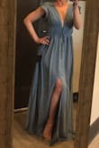 This dress is perfect! I just received it, tried it on, and then went straight to Lulus website to order another one (unfortunately the light pink in small is sold out, but I'm on the waitlist). The material is a lovely shade of blue and is the perfect weight. And I LOVE the unique front! The v-plunge is just the right depth - sexy without revealing too much. I'll have to have the length altered, but I expected that and am used to that, being 5'4". Definitely a must-have dress! - Stephanie T.