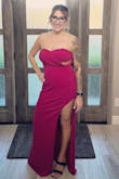Dress is beautiful color! Has a high slit and I couldnt wear a strapless bra but it was very comfortable to wear all night. - Amanda G.