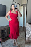 This dress makes me feel so girly and feminine. Its extremely comfortable and the straps tie so its adjustable to your bust and shoulders. The square neck is so flattering and the material doesnt cling to my stomach. Its a good length. Im wearing this to a spring outdoor wedding - Sydney B.