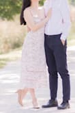 I loved this dress for my engagement pictures!! It's super buttery soft and looks super flattering. I was worried it would be a bit see-through because of the light color, but it was perfectly opaque and not see-through at all. The little lace at the bottom is pretty and adds a delicate touch. - Amanda L.